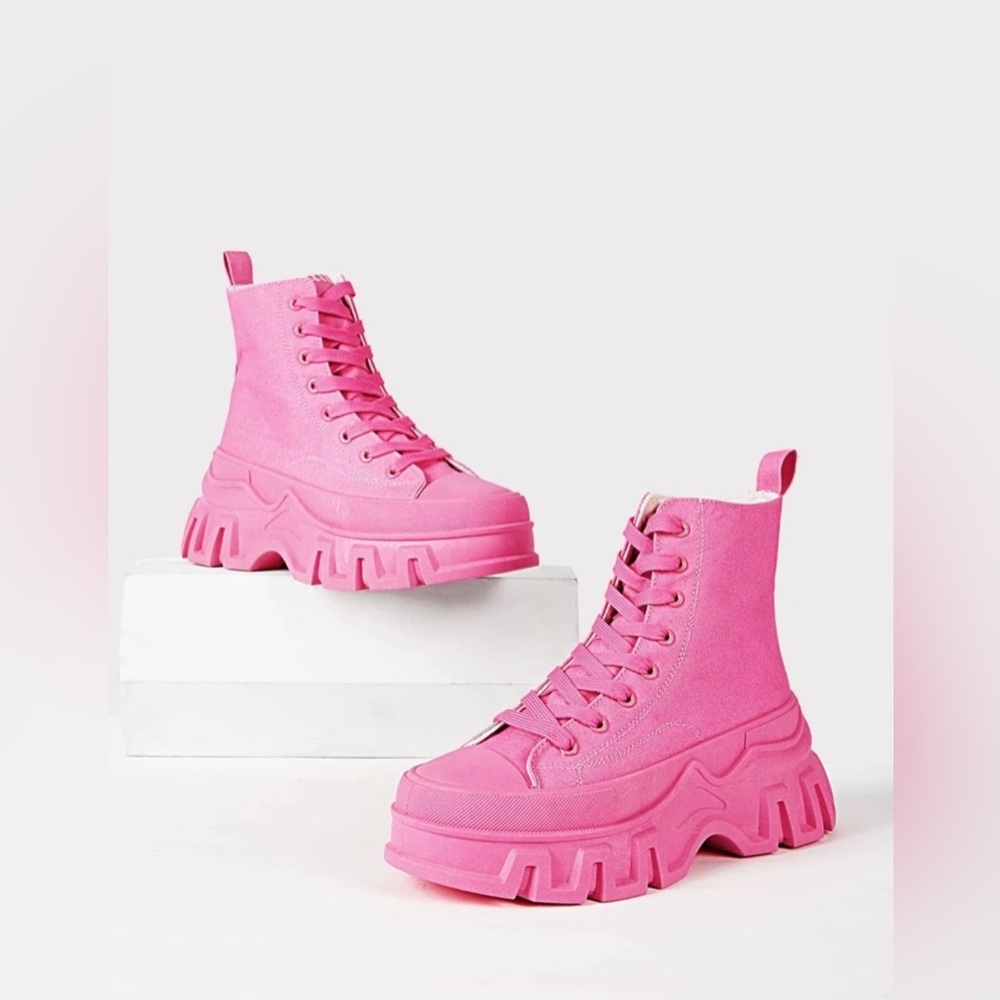 Neon Pink High Top Lace-Up Combat Boots